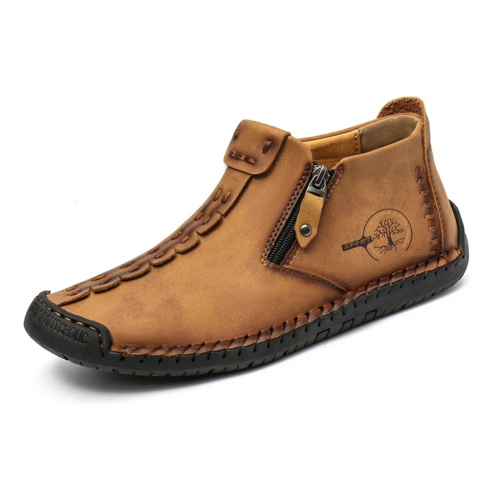 Men's Leather Ankle Boots with Side Zipper and Grip Sole