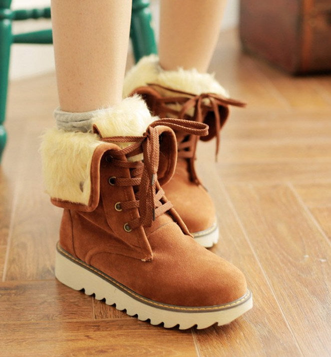 Faux Fur Lace-Up Snow Boots – Flat, Low-Top Winter Boots