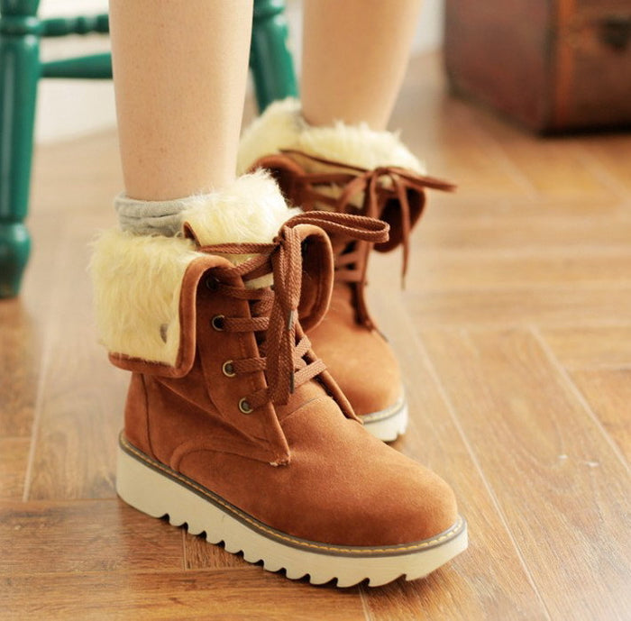 Women's Faux Fur Lace-Up Snow Boots – Fold-Over Cuff Winter Boots
