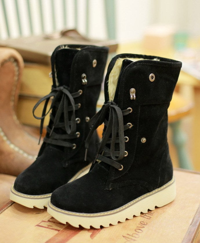 Women's Faux Fur Lace-Up Snow Boots – Fold-Over Cuff Winter Boots