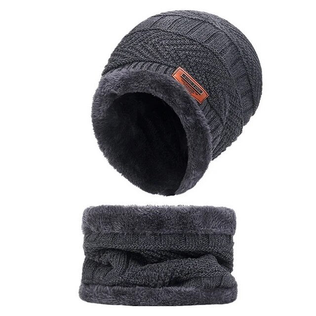 Fleece-Lined Knit Beanie and Scarf Set Winter Neck Warmer