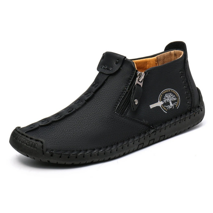 Men's Leather Ankle Boots with Side Zipper and Grip Sole
